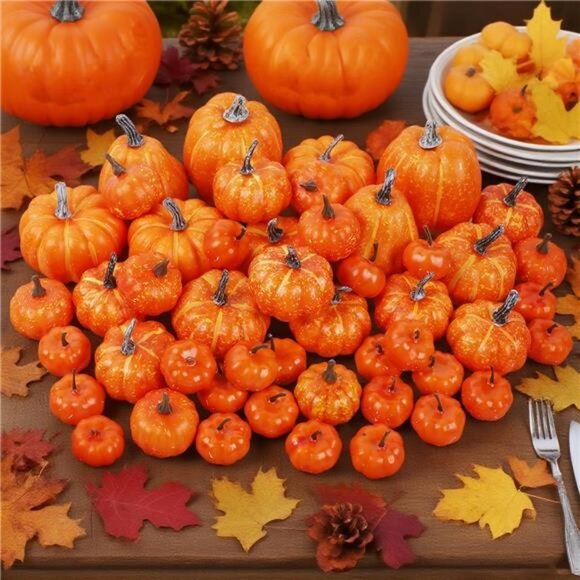 46 Pcs Assorted Size Artificial Pumpkins Fall Decorations, Orange Foam Pumpkin - Picture 6 of 8